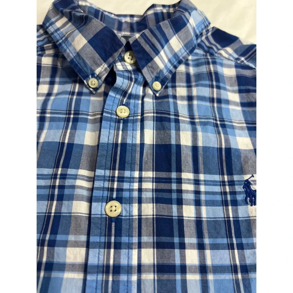 Ralph Lauren Button Down Shirt Boys Large 14-16 Blue Excellent Plaid Classic A56